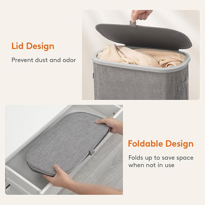Lifewit 65L Slim Laundry Basket with Lid, Narrow Large Laundry Hamper with Plastic Handles and Removable Bag, Tall Foldable Dirty Clothes Hampers for Laundry Room, Bedroom, Bathroom, Dorm, Gray