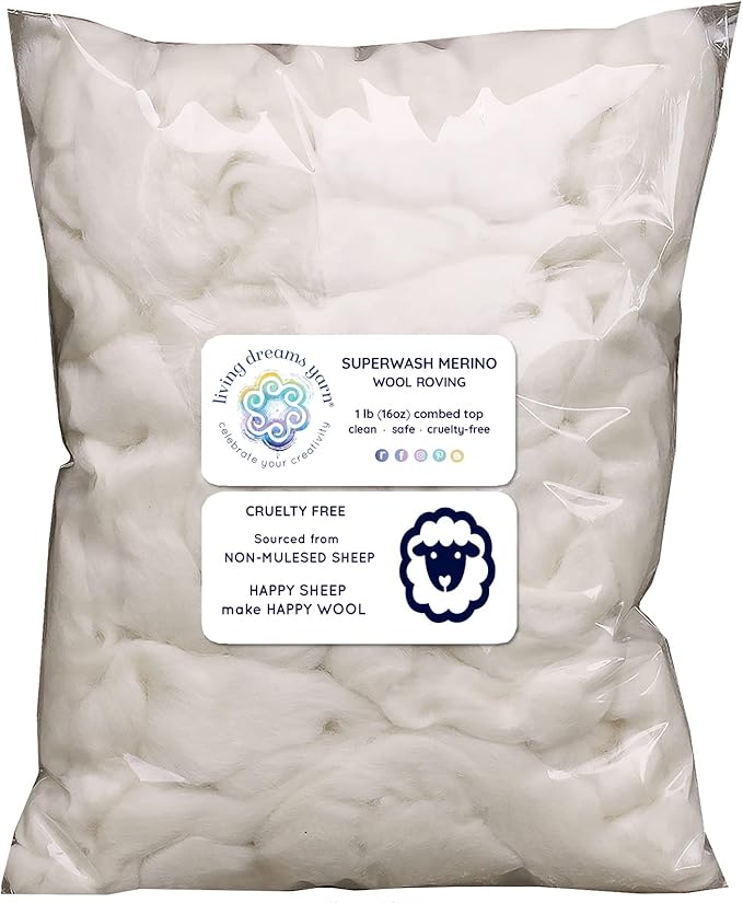 SUPERWASH MERINO Wool Roving. Ethically & Responsibly Sourced Fiber for Spinning, Blending, Filling and Stuffing - 1 LB Bag, Natural White Combed Top