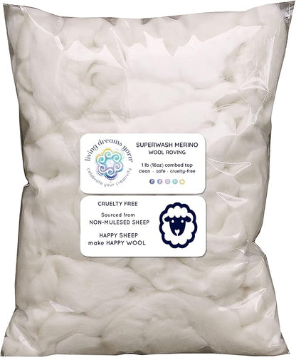 SUPERWASH MERINO Wool Roving. Ethically & Responsibly Sourced Fiber for Spinning, Blending, Filling and Stuffing - 1 LB Bag, Natural White Combed Top