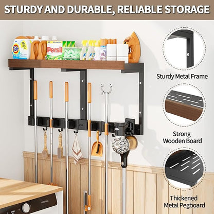 Broom Holder Wall Mount with Cleaning Supplies Organizer, Laundry Room Shelves with Mop Hanger Rack Gripper Hooks and Vacuum Organizer, Broom and Mop Organizer Wall Hanging for Home Garage Kitchen