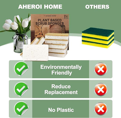 Aheroi Natural Dish Sponge, 18 Count FSC Certified Plant-Based Biodegradable Kitchen Sponges for Dishes, Compostable Eco Friendly Sponges, Organic Cleaning Sponge Dish Scrubber Products for Household