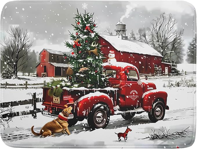 Red Truck Christmas Dish Drying Mat for Kitchen Counter 18x24 Inch Winter Xmas Tree Snowman Dog Print Absorbent Reversible Microfiber Drying Mats Kitchen Countertop Protector Dishes Drainer Rack Pad
