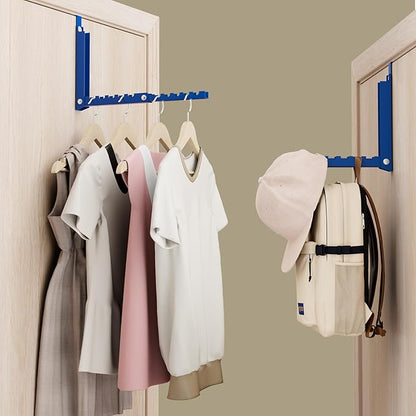 BAKON Over The Door Hangers, Over Door Hooks for Hanging, Small Space Dual Folding Portable Over Door Clothes Hanger for Clothes, Hats, Bags and Towels. (1, Blue)