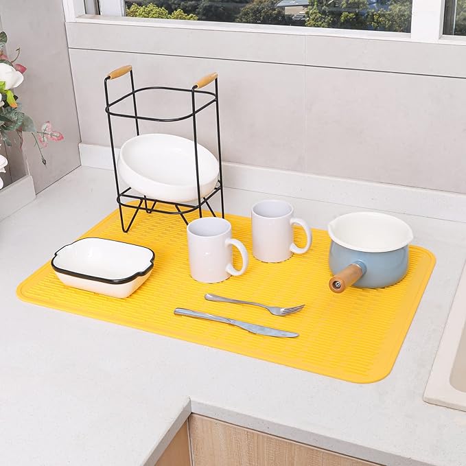 MicoYang Silicone Dish Drying Mat for Multiple Usage,Easy clean,Eco-friendly,Heat-resistant Silicone Mat for Kitchen Counter or Sink,Refrigerator or Drawer Liner Yellow 3XL 28 inches x 18 inches