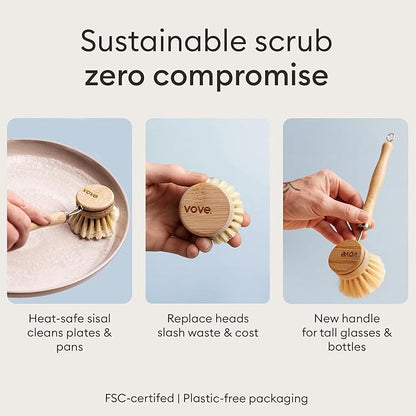 Vove Cleaning Essentials Set – Bamboo Dish Brush with Replacement Head, 2 Scrub Brushes, 2 Scrub Sponges – FSC Certified, Plastic-Free, Natural Bristles & Loofah – Eco-Friendly Kitchen Cleaning Kit