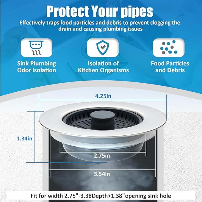 2 Pack 3 in 1 Kitchen Sink Drain Strainer Stopper & Stainless Steel Kitchen Sink Strainers Plug & Upgraded Sink Installation Parts with Anti-Clogging Basket, Fits US Standard 3-1/2'' Hole