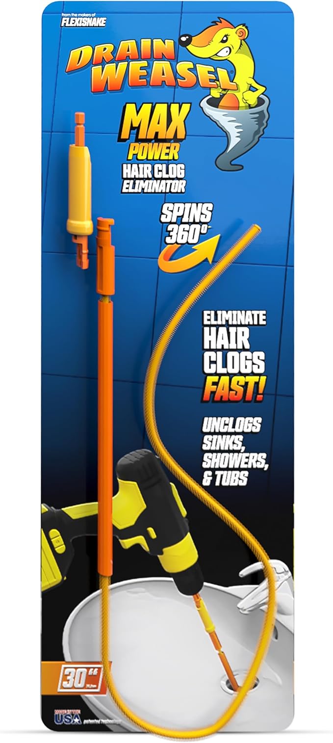FlexiSnake Drain Weasel MAX Power Drain Hair Clog Remover Tool – Plumbing Snake Auger for Cleaning Shower, Bath Tub, Bathroom with Drill Connector, 30 Inches Long, Made in USA