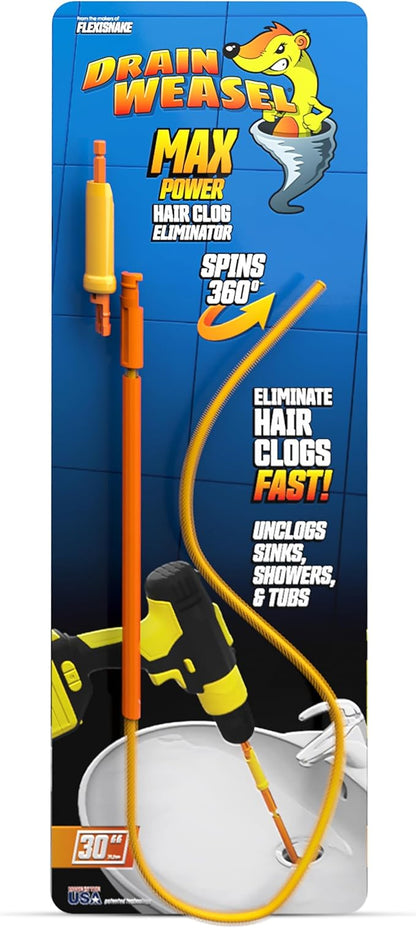 FlexiSnake Drain Weasel MAX Power Drain Hair Clog Remover Tool – Plumbing Snake Auger for Cleaning Shower, Bath Tub, Bathroom with Drill Connector, 30 Inches Long, Made in USA