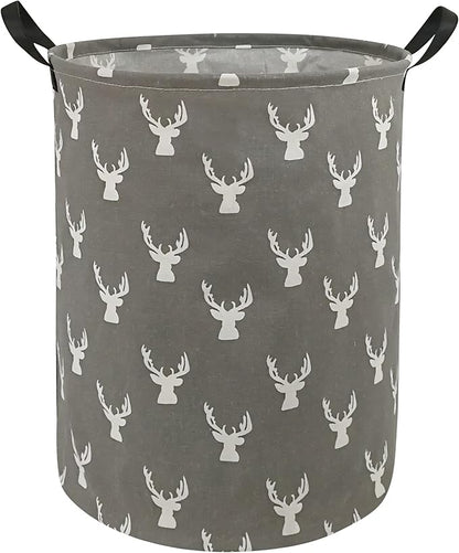 KUNRO Round Laundry Gift Basket Storage Hamper, Clothes Storage Organizer Bins, Shelf Basket with Handles for Room Decor (Grey deer)