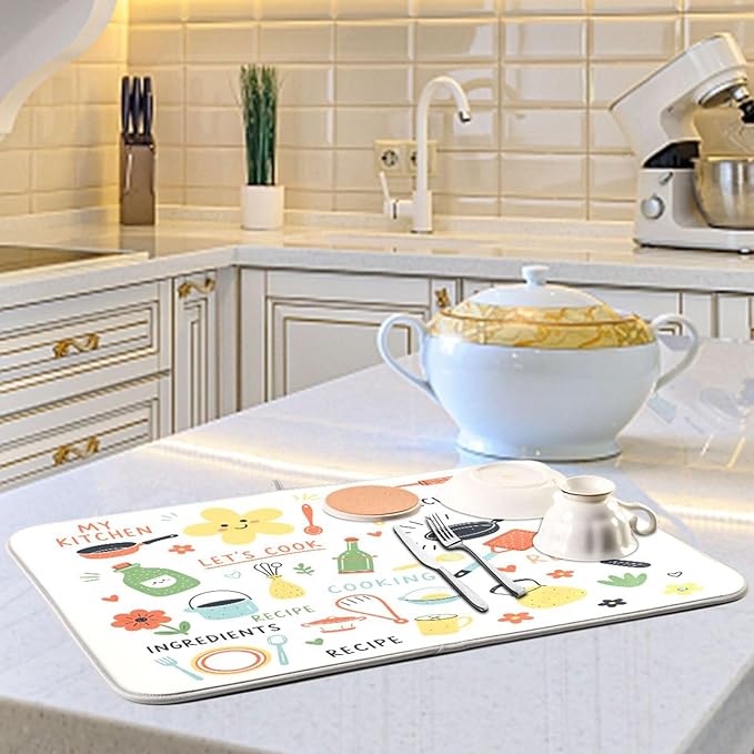 Kitchen Drying Mat Absorbent Dish Drying Mat for Kitchen Counter Kitchen Doodle Pattern Microfiber Drying Mat 18 x 16 Inches