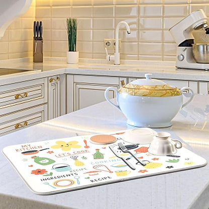 Kitchen Drying Mat Absorbent Dish Drying Mat for Kitchen Counter Kitchen Doodle Pattern Microfiber Drying Mat 18 x 16 Inches