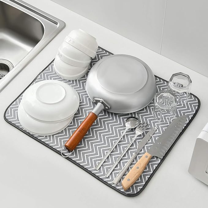 SUBEKYU Dish Drying Mat for Kitchen Counter, Microfiber Absorbent Dishes Drainer/Rack Pads under Sink, 19.6 by 16.1 inches, Set of 2, Grey, Ripple