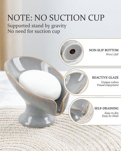 Soap Dish, Self Draining Bar Soap Holder for Bathroom Sink, Leaf Shaped Drainage Ceramic Porcelain Decorative Soap Dish, No Suction Cup, Kiln Stone Gray, ANTIS'S HOME
