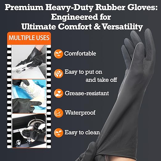 Heavy-Duty Thick Rubber Cleaning Gloves - 3 Pairs of Extra-Large Black Reusable Waterproof Non-Slip Gloves for Dishwashing and Kitchen Cleaning