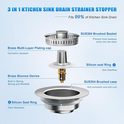 3 in 1 Kitchen Sink Drain Strainer, Universal Pop Up Stopper with Brass Core & Removable Stainless Steel Filter Basket, Anti-Clogging Sink Drain Strainer for US Standard 3-1/2'' Drain Hole