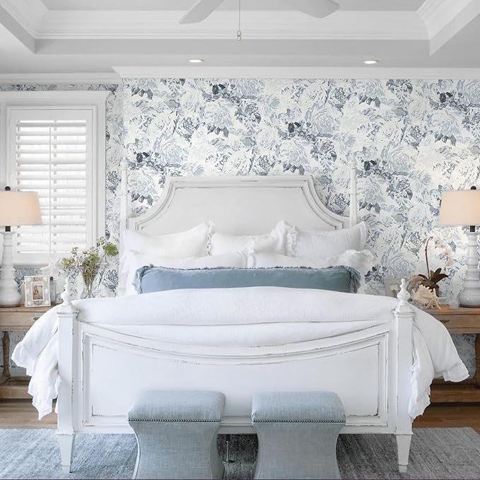 Dimoon 197"x17.3" Floral Peel and Stick Wallpaper Boho Blue White Contact Paper Flower Removable Wallpaper Renter Friendly Kitchen Wall Paper Shelf Liner Bathroom Self Adhesive Vintage Thicken Vinyl