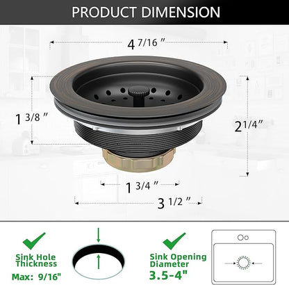 Kitchen Sink Drain Bronze 3-1/2 Inch Stainless Steel Kitchen Drain Strainer Assembly Kit with Strainer Basket and Drain Stopper for Standard Sink Drains Oil Rubbed Bronze