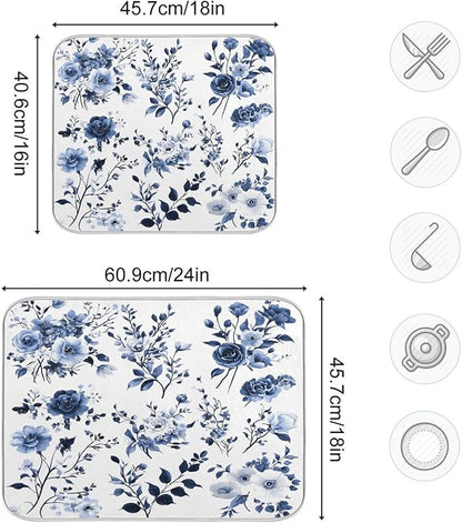 Blue White Porcelain Flower Dish Drying Mat for Kitchen Counter Absorbent Microfiber Drying Pad, Medium 16x18 in