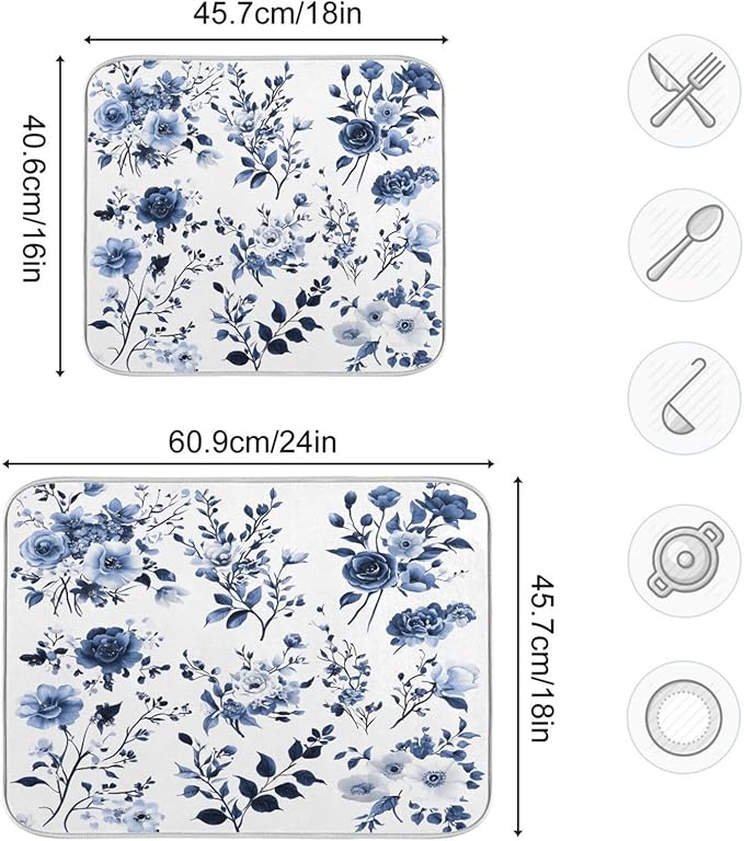 Blue White Porcelain Flower Dish Drying Mat for Kitchen Counter Absorbent Microfiber Drying Pad, Large 18x24 in