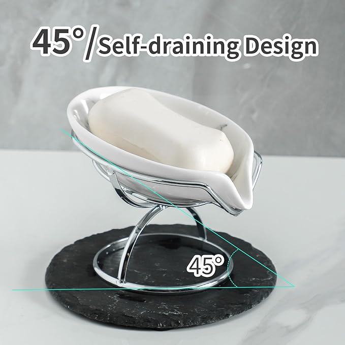 Dobbyby Leaf-Shaped Soap Dish – Premium Ceramic Soap Bar Holder with Self-Drainage System – Bar Soap Holder for Shower, Bathroom Sink, Kitchen – Waterfall Soap Dish with Stainless Steel Stand (SLIVER)