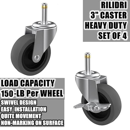 3-Inch Swivel Stem Caster for Rubbermaid Mop Bucket Utility Cart, 7/16-Inch Stem Diameter Rubber Wheel Set of 4, Heavy Duty TPR Weber Grills Shop Vac Replacement Wheels