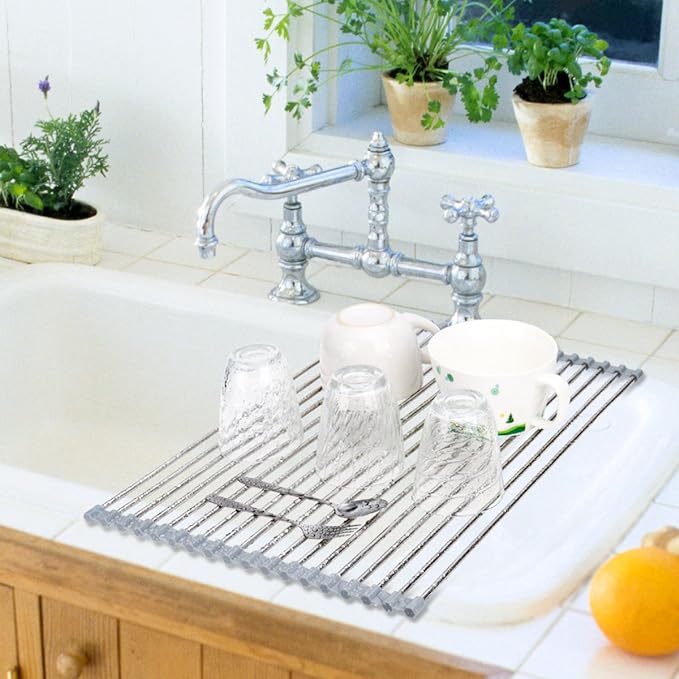 Hhyn Roll-Up Sink Drying Rack 17.7"(L) x 13.8"(W) - Multipurpose Heat Resistant Over The Stainless Steel & Silicone Dish Rollable Kitchen Drainer, Gray