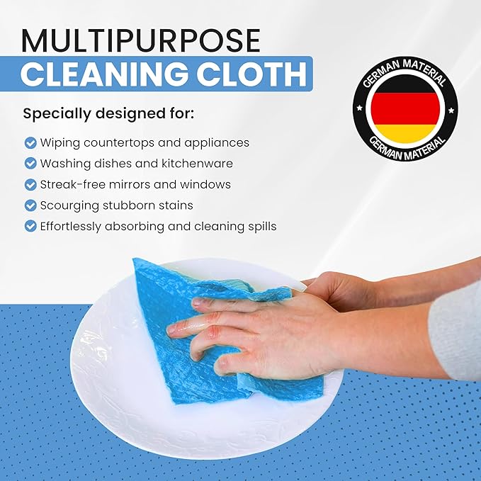 Swedish DishCloths - 10 Pack (Blue), (German Material) Reusable Cellulose Sponge Cloth for Kitchen - Household, Highly Absorbent, No-Odor Dishcloth