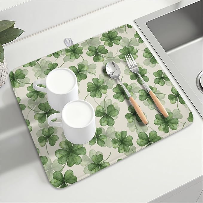 St Patrick's Day Green Clover Dish Drying Mat for Kitchen Counter Spring Holiday Watercolor Lucky Shamrock Drying Mat 16x18 Inch Absorbent Dish Drainer Mat Kitchen Accessories