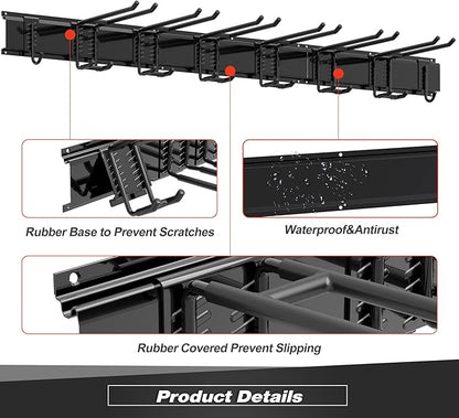 Storaboks Heavy Duty Garage Storage Rack System, Wall Mounted Tool Organizer with 8 Double Hooks, 3 Rails, Garden Yard Tools Hanger for Ski Gears, Broom, Rake, Shovel