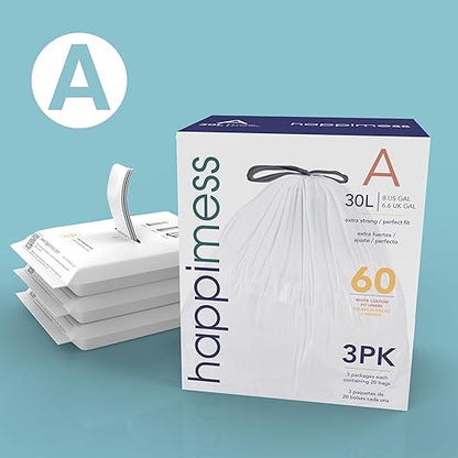 happimess 8 Gallon (30L) Drawstring Trash Bags, Unscented, White, Heavy Duty LDPE Liners for Kitchen and Household, Custom Fit 100 Count (5 Packs of 20 Liners) HPM3000A-W-5SET