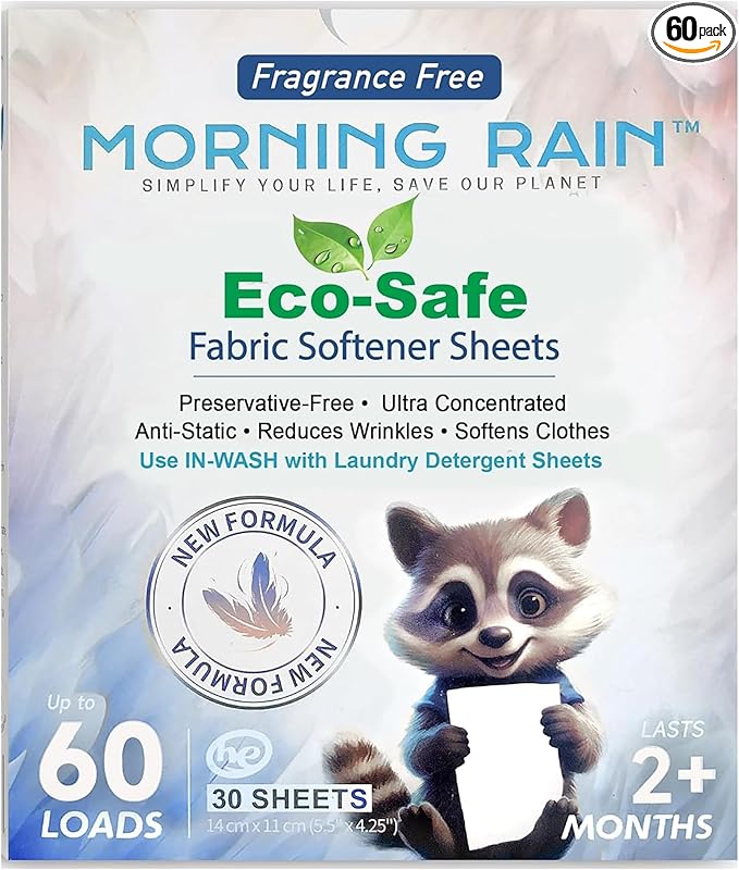 MorningRain Eco Fabric Softener Sheets for Washing Machine - Fragrance-Free, Preservative-Free, Ultra-Concentrated - 30 Sheets for Up to 60 Loads, Anti-Static, Reduces Wrinkles, Softens Clothes