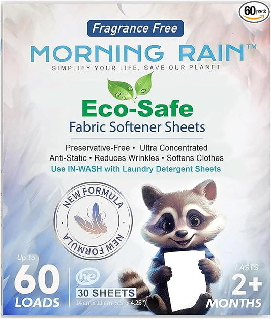 MorningRain Eco Fabric Softener Sheets for Washing Machine - Fragrance-Free, Preservative-Free, Ultra-Concentrated - 30 Sheets for Up to 60 Loads, Anti-Static, Reduces Wrinkles, Softens Clothes