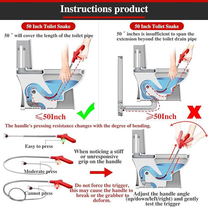 50 Inch Toilet Snake Drain Auger Cleaner Tool, Upgraded Grabber Unclogger Tool, Toilet Auger Clog Remover Tool, Stainless Steel Telescoping Rod for Pick/Grab Objects Clogged in Toilet Pipes/Drain