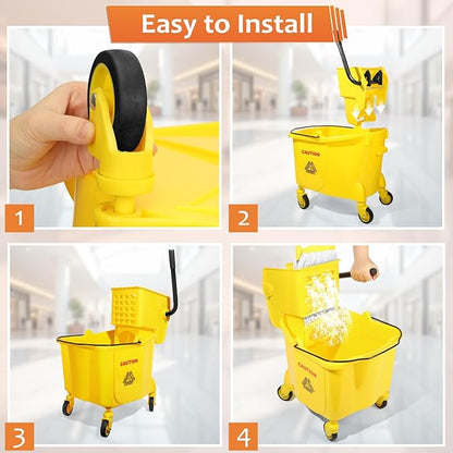 38 Qt Commercial Bucket with Side Press Wringer on Wheels, Yellow Industrial Set for Floor Cleaning, Including 1 Industrial Mop and Wet Floor Caution Sign, Beyoco