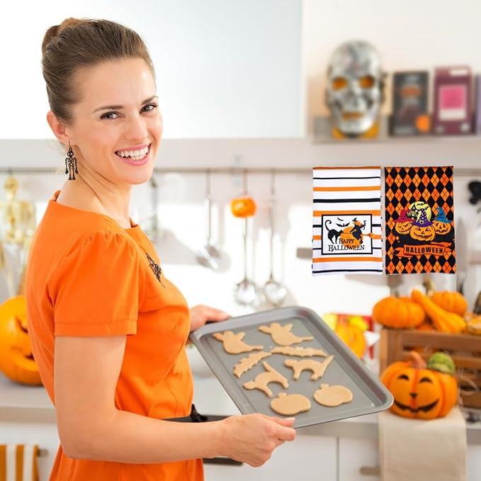 6 Pcs Halloween Kitchen Towels Buffalo Plaid Pumpkin Dish Towels 18 x 28 Inches Happy Halloween Boo Ghost Tea Towels Black Cat Spooky Bat Hand Towels for Halloween Party Decor Home Cooking Baking