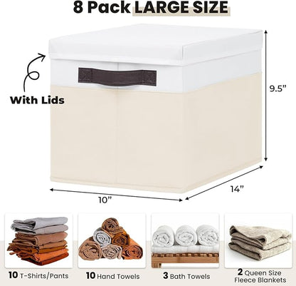 Large Closet Organizer Bins with Lids 8 Pack - Nursery Storage Baskets for Shelves Bedroom Dorm - Stackable RV Closet Organization Cubes Box with Handles for Clothes Purse Blanket Towel Magazine