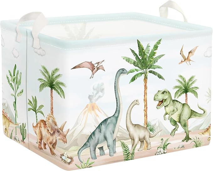 Clastyle Large Dinosaur Kid Storage Basket Baby Laundry Hamper Palm Tree Boy Gift Toy Box Collapsible Clothes Organizer Nursery Bin for Bedroom, Volcano, 40 * 30 * 30 cm