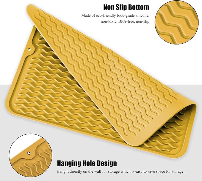 Large 17" x 14" Silicone Dish Drying Mat for Kitchen Counter, Easy clean, Quick Dry, Heat-resistant Dish Drainer Mat for Sink,Refrigerator or Drawer liner (Food Grade Silicone-Yellow)
