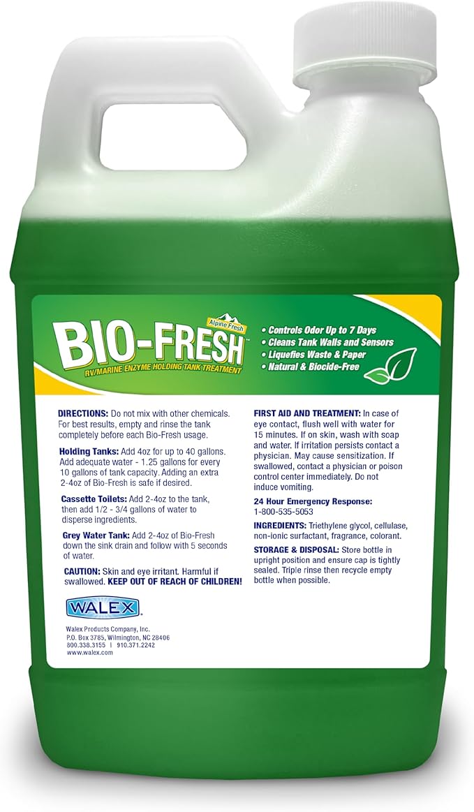 Walex Bio-Fresh Liquid Enzyme Holding Tank Treatment for RV, Camper & Marine - Black Water Tank Deodorizer, Liquifies Waste & Toilet Paper, Septic Tank Safe, Biocide-Free, Alpine Fresh, 64oz