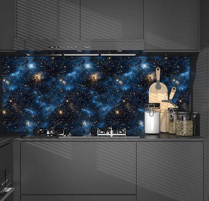 Laatse Blue Starry Peel and Stick Removable Black Sky Contact Paper 17.5in x393.7in, Gold Star Modern Wallpaper Mural Waterproof Self Adhesive for Wall Bedroom Bathroom Kitchen Cabinet Room Decor