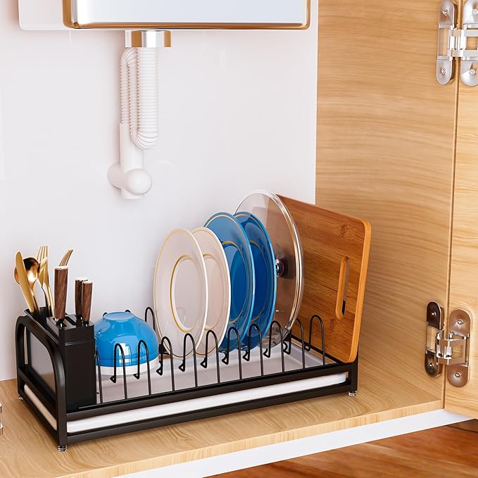 Black Dish Drying Rack Small for Kitchen Counter, 304 Stainless Steel Dish Rack w Tray & Cutlery Holder, Narrow Dish Drainer for Pots & Pans, Cutting Boards, Plates & Lids