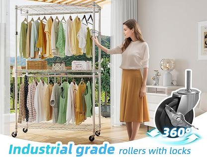 Simple Trending Clothing Garment Rack with 3 Tiers Storage Shelves, Heavy Duty Rolling Clothes Organizer Double Rods with Wheels for Hanging Clothes, Chrome