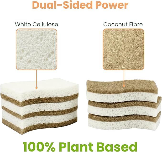 12 Pack Non-Scratch & Odor-Free Eco Sponges – Natural Biodegradable Cellulose & Coconut Fiber Kitchen Scrubbers – Compostable, Zero Waste Sponges for Dishwashing & Cleaning