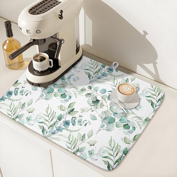 Watercolor Sage Leaves Dish Drying Mats for Kitchen Counter 16x18 Inch,Spring Leaves Kitchen Drying Mat,Sage Herbs Dishes Pad Dish Drainer Rack Mats Absorbent Fast Dry Kitchen Accessories