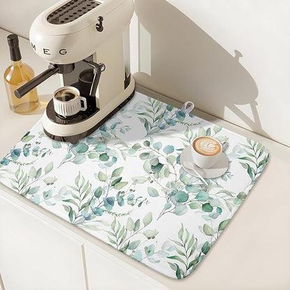 Watercolor Sage Leaves Dish Drying Mats for Kitchen Counter 16x18 Inch,Spring Leaves Kitchen Drying Mat,Sage Herbs Dishes Pad Dish Drainer Rack Mats Absorbent Fast Dry Kitchen Accessories