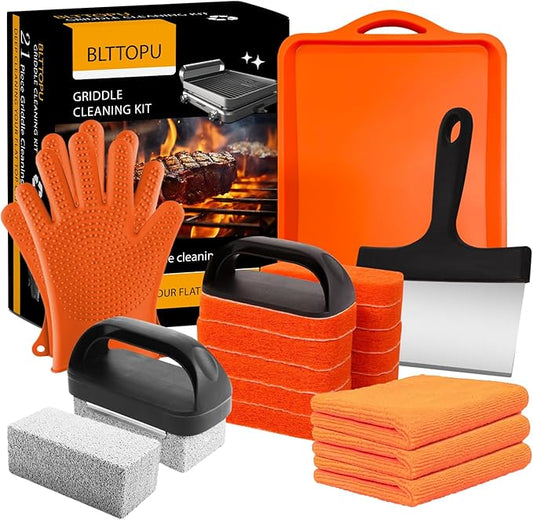 21 Pieces Griddle Cleaning Kit for Blackstone, Flat Top Grill Cleaning Accessories with Silicone Spatula Mat, Scraper, Grill Stone & Scouring Pads with Handle, Cleaning Gloves, Cleaning Towel