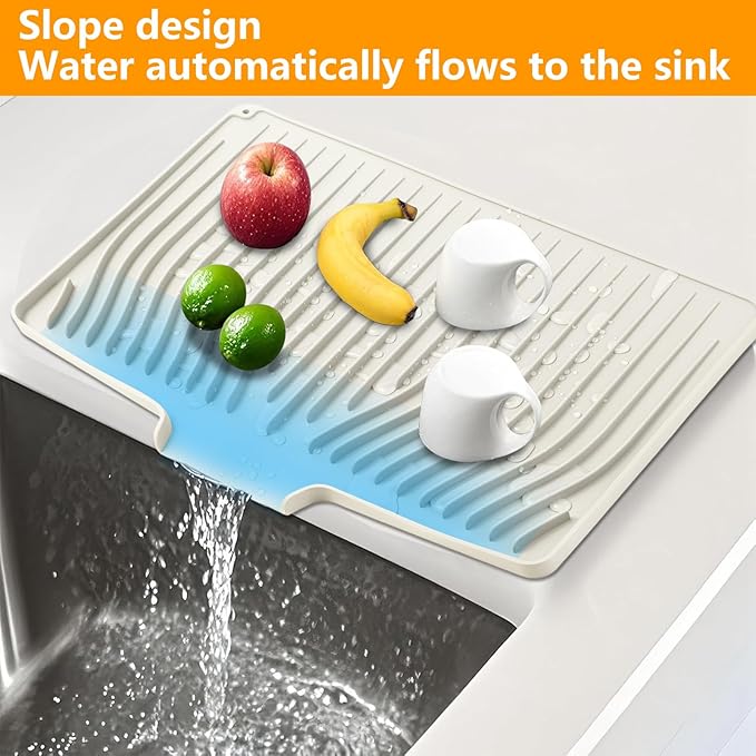 Silicone Dish Drying Mat for Kitchen Counter, Dish Drainer Mat, Non-Slip Drying Pad with Built-in Drain, Kitchen Drying Matt For Counter(18.9" x 11.8", Cream)