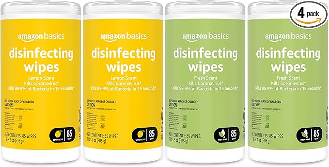 Amazon Basics Disinfecting Wipes, Lemon & Fresh Scent, Thick, Sanitizes/Cleans/Disinfects/Deodorizes, 340 Count (4 Packs of 85)