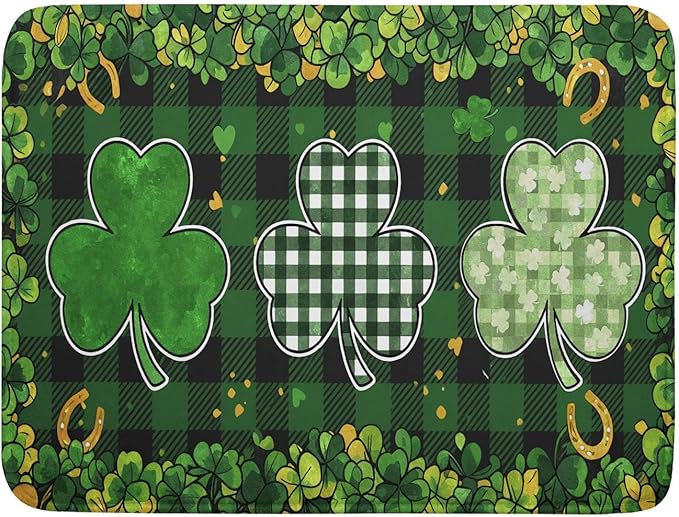 St Patrick's Day Green Clover Dish Drying Mat 18 x 24 Inch With Absorbent Reversible Microfiber Spring Buffalo Plaid Lucky Clover Shamrock Drying Dish Drainer Mat Fast Dry For Kitchen Dining Room