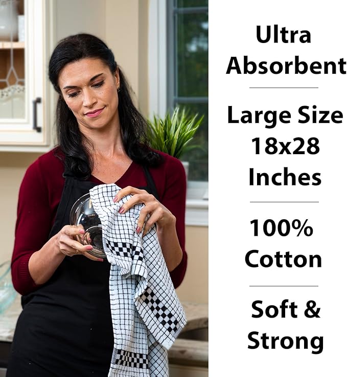 XLNT Highly Absorbent Kitchen Dish Towels 100% Cotton 18x28 inch – Ultra-Thick Dishcloths – Premium Weave for Drying & Cleaning – Soft, Durable & Lint-Free – Pack of 6 Black